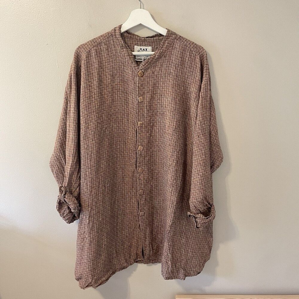 Vintage Flax By Jeanne Engelhart Oversized Button Up Roll Up Sleeves Sz L Linen